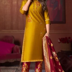 Trouser Suit For Party Wear In Silk Mustard Yellow