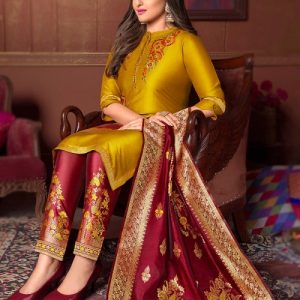 Trouser Suit For Party Wear In Silk Mustard Yellow