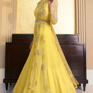 Yellow Silk Anarkali Suit With Churidar