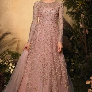 Dusty Pink Zari Embroidered Anarkali Suit For Eid