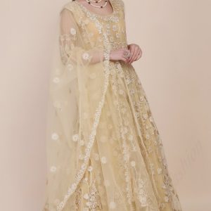 Net Beige Party Wear Anarkali Suit With Resham Embroidery