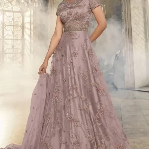 Thread Work Mauve Pink Anarkali Suit In Net For Bridesmaid