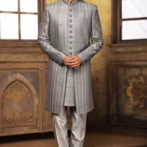 Grey Silk Jacket Style Embroidered Men Sherwani