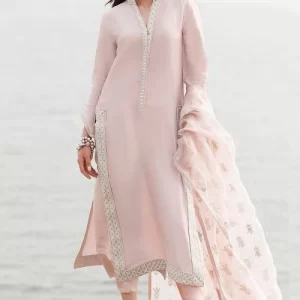 Light Pink Soft Silk Embroidered Trouser Suit For Eid