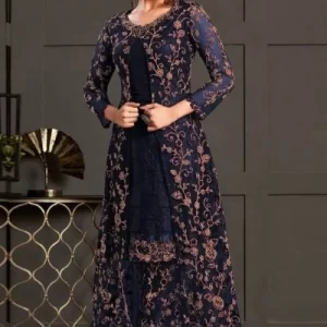 Party Wear Zari Embroidered Trouser Suit In Net Navy Blue