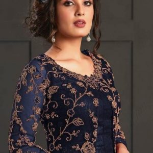 Party Wear Zari Embroidered Trouser Suit In Net Navy Blue