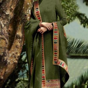 Eid Special Olive Green Georgette Churidar Trouser Suit HANDPICKED