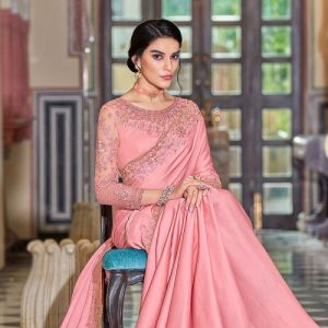 Thread Work Pastel Pink Saree In Silk For Party