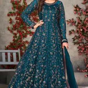 Peacock Blue Net Embroidered Eid Anarkali Suit