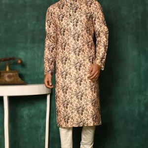 Cotton Men Kurta Pajama With Printed In Light Peach For Sangeet