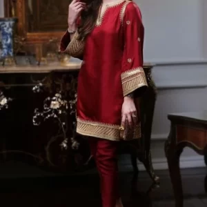 Sequins Embroidered Silk Red Party Wear Trouser Suit