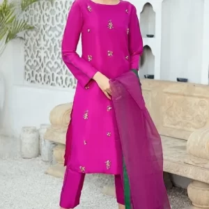 Stone Embroidered Silk Fuchsia Pink Trouser Suit