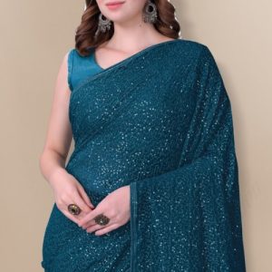 Teal Blue Embroidered Party Wear Georgette Saree