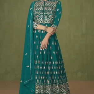 Anarkali Suit In Georgette Teal Blue With Stone Work For Sangeet